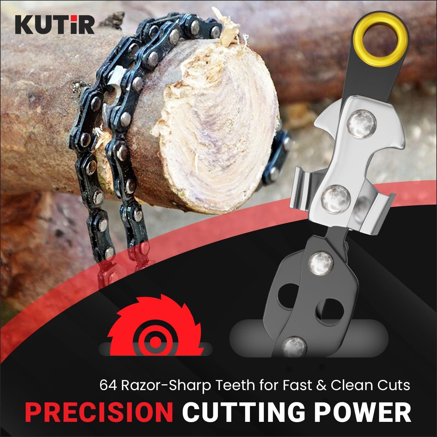 Kutir 360 rope chain saw cutting through a tree branch with razor-sharp bi-directional teeth in action