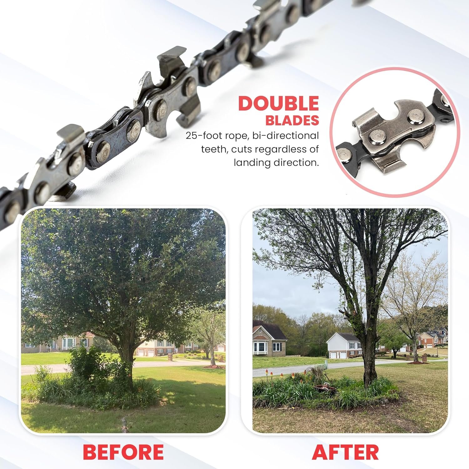 Before and after photos showing a tree successfully trimmed using the Kutir rope chain saw
